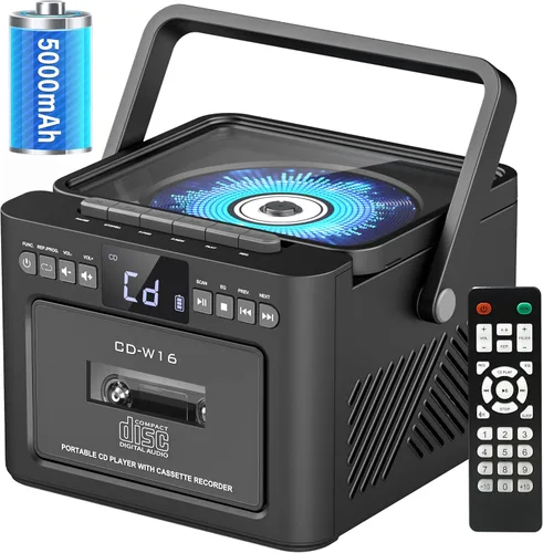 Boombox Reproductor de CD y Casete Bluetooth5.1 con batería de 5000 mAh, altavoces estéreo duales de 5 W, reproductor de CD recargable con radio FM,