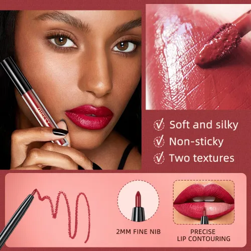 Vista 4 de Juego de brillo labial 3 en 1 con lápiz labial mate, brillo labial hidratante y delineador de labios líquido de 0.079 pulgadas, maquillaje de larga