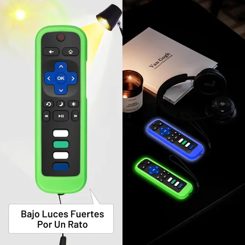 Vista 3 de Paquete de 2 fundas protectoras de control remoto para mando de TV Roku/Funda protectora de silicona - Brilla en la oscuridad (Verde/Azul)