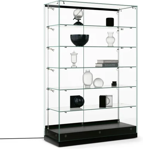Vista 7 de displays2go 24" W Vidrio Templado showcases, 10 luces de LED laterales, 5 baldas ajustables, base de tablero DM, color negro (gtec24ledb)