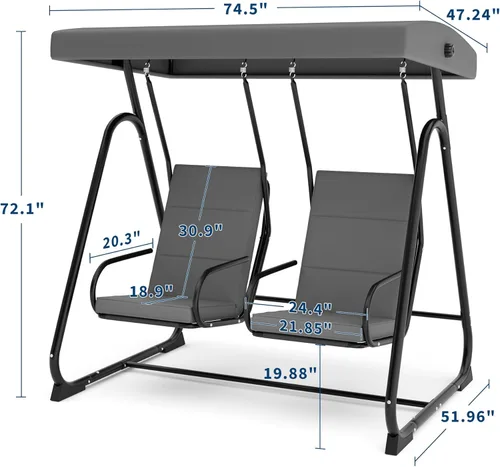 Vista 2 de GarveeLife Silla de columpio para porche para 2 personas, columpio para patio al aire libre resistente con toldo ajustable y cojines extraíbles
