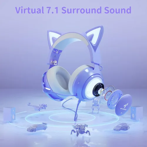 Vista 4 de EASARS Auriculares de oreja de gato auriculares USB para juegos con micrófono retráctil sonido envolvente 71 iluminación RGB auriculares con cable