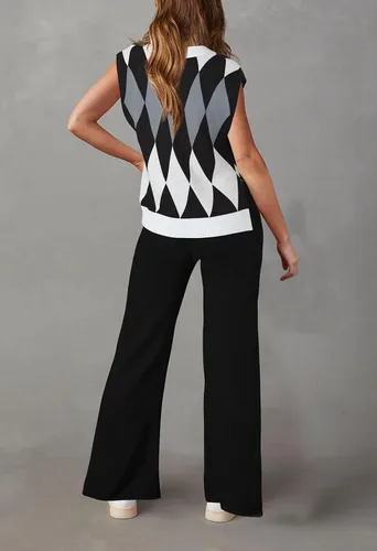 Vista 4 de Viottiset Conjunto de 2 piezas para mujer, suéter con chaleco y cuello en V, sin mangas, pantalones de pierna ancha