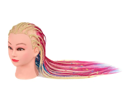 Vista 3 de FUTAI - Cabeza de maniquí de 35 pulgadas con cabello sintético largo multicolor. Muñeca estilo maniquí para practicar trenzado, peinado, recogidos.