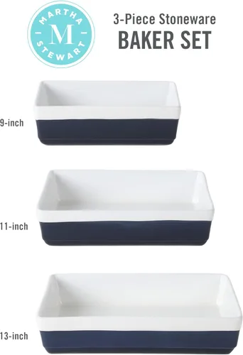 Vista 3 de MARTHA STEWART Juego de 3 piezas de utensilios para hornear de gres para horno a mesa, juego de fuente para hornear y cazuela, azul cobalto