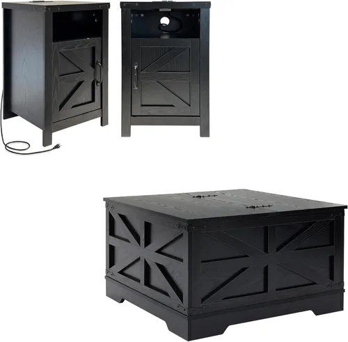Vista 32 de Juego de mesa auxiliar de granja con estación de carga, mesas de sala de estar con almacenamiento oculto, mesas de noche cuadradas de madera, mesita