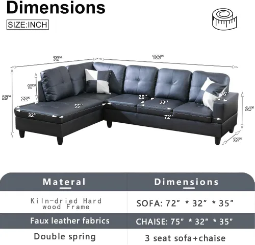 Vista 3 de A Ainehome Juego de sofá de sala de estar, 2 piezas, sofá seccional en forma de L, sofá de piel sintética con diván para sala de A-Negro