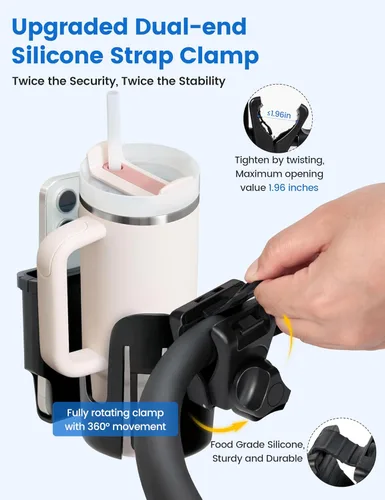 Vista 2 de Portavasos para silla de ruedas con soporte para teléfono, soporte para tazas 2 en 1, abrazadera giratoria de 360° con protección contra golpes
