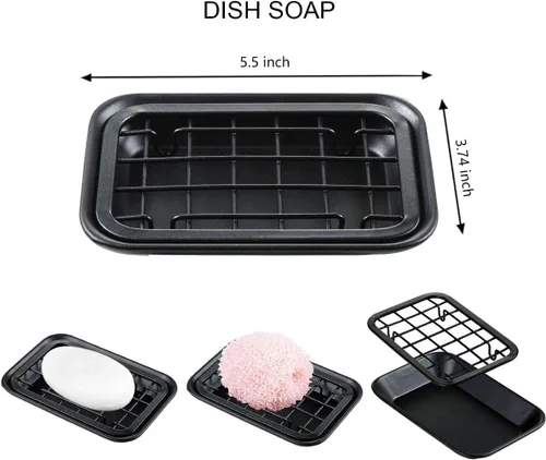 Vista 2 de SheeChung Jabonera para baño y cocina, bandeja para jabón de acero 1 jabonera de metal negro con drenaje, para encimera de fregadero de cocina