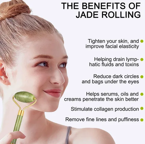 Vista 2 de Juego de 4 piezas de rodillo de jade y Gua Sha, masajeador facial con herramienta de raspado Gua Sha, masajeador de piedra de jade