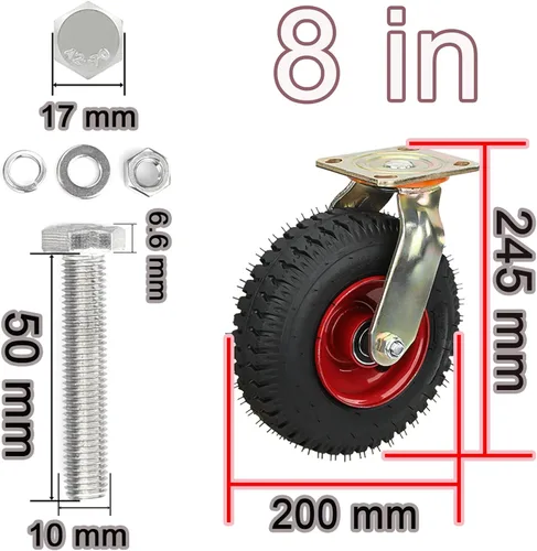 Vista 2 de WORDFUN Juego de 4 ruedas giratorias de goma resistentes y altamente elásticas, ruedas de 8 pulgadas rellenas de aire estilo vacío, rueda industrial