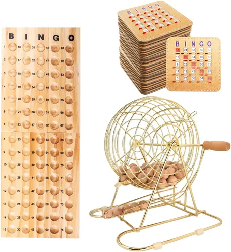 Vista 7 de GSE Games & Sports Expert Juego de Bingo de Lujo con Jaula Grande de Latón, 10 Tarjetas de Bingo con Ventanillas Deslizantes, Tablero Principal