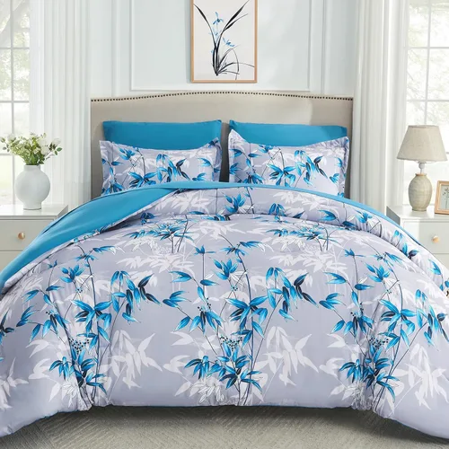 Juego de edredón de cama Queen azul - Juego de ropa de cama de 7 piezas en una bolsa con patrón de hojas botánicas, juego de cama suave y ligero con