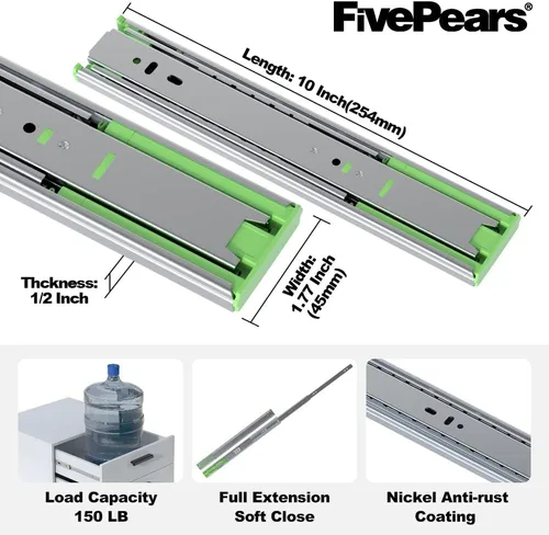 Vista 2 de FivePears 1 Par de Correderas de Cajón de Cierre Suave de Servicio Pesado de 10 Pulgadas, Capacidad de Carga de 150 Libras, Extensión Completa