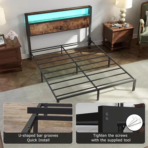 Vista 8 de Base de cama tamaño completo con cabecero, estructura de cama de plataforma metálica con luces LED y estación de carga, almacenamiento debajo