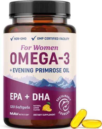 Suplemento de Omega 3 para Mujeres | Aceite de Pescado con Onagra | Equilibrio Hormonal, Apoyo para la Piel y el Bienestar | 600MG Omega3 + 800MG