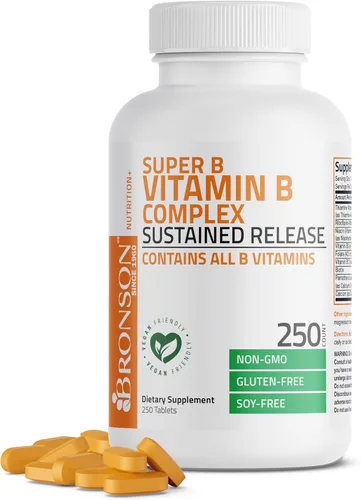 Vista 20 de Bronson Complejo de vitamina B Super B de liberación lenta sostenida (vitamina B1, B2, B3, B6, B9 - ácido fólico, B12) contiene todas las vitaminas