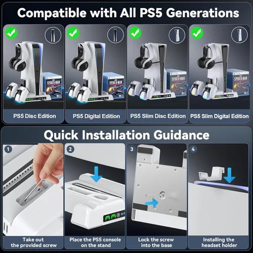 Vista 2 de Kytok Soporte PS5 con ventilador de refrigeración de 3 niveles, cargador controlador PS5 con luz LED para controladores dobles de PS5, estación