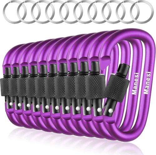Vista 10 de Clips de mosquetón con puerta de tornillo, paquete de 10 mosquetones de aluminio de 3 pulgadas en forma de D, clip para llavero, hebilla de gancho