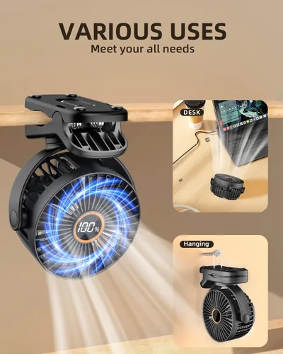 Vista 7 de TUNISE Mini ventilador con clip, ventilador de escritorio a pilas, pantalla digital, 3 velocidades ajustables, bidireccional ajustable de 360 °
