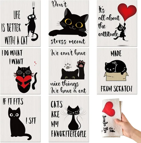Funtery 8 piezas de paños de cocina suecos de gato negro, paños de esponja absorbentes suecos reutilizables, lavables, paños de cocina para lavar