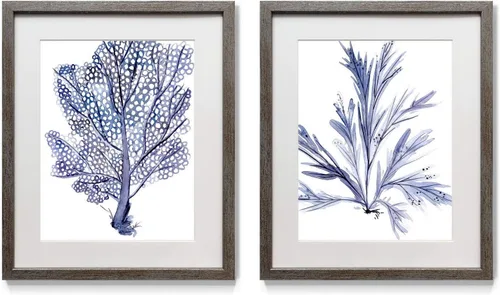 Vista 27 de Renditions Gallery Antique Coral in Navy (1) 2 Piece Framed Artwork Set, Underwater Ocean Themed Pair, Blue, Modern Distressed Silver Frame, White