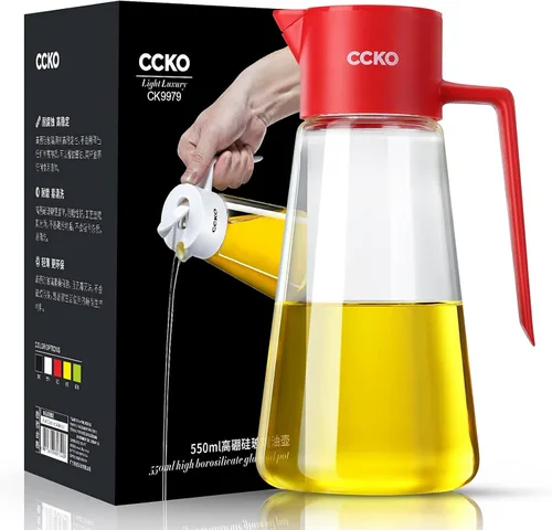 Vista 9 de CCKO Botella dispensadora de aceite de oliva de vidrio con boquilla abatible automática de 19 onzas para cocina, dispensador de aceite de cocina sin