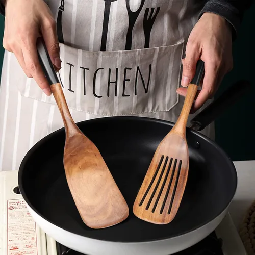 Vista 2 de 2 piezas de juego de espátulas de madera para cocinar Utensilios de cocina de teca no tóxicos sin BPA, espátula ranurada para panqueques, espátula
