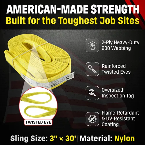 Vista 2 de DD Sling - Eslinga de elevación de nailon de 3 pulgadas x 30 pies – Fabricada en EE.UU., 8,900 lb vertical, 7,200 lb estrangulador, 17,800 lb