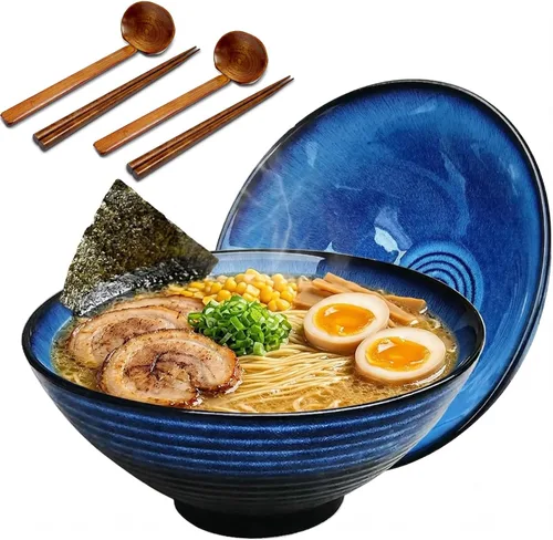 NJCHARMS Juego de cuencos de ramen, 2 juegos de cuencos de ramen con palillos y cuchara (6 piezas), cuencos de ramen japonés de 42 onzas, cuencos de
