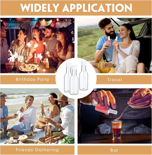 Vista 7 de Patelai Juego de 100 mini botellas de licor, botellas vacías de plástico de 1.7 onzas líquidas para fiestas, recipientes de alcohol con tapas, 6
