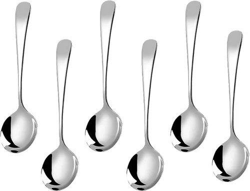 Vista 10 de Cucharas de sopa de acero inoxidable, cucharas de sopa de cabeza redonda 18/10, cuchara coreana moderna de acero inoxidable 304 de mango corto
