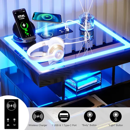 Vista 3 de HNEBC Mesita de noche LED con estación de carga (puertos USB, puertos tipo C), mesa de noche de alto brillo con 2 cajones, mesita de noche