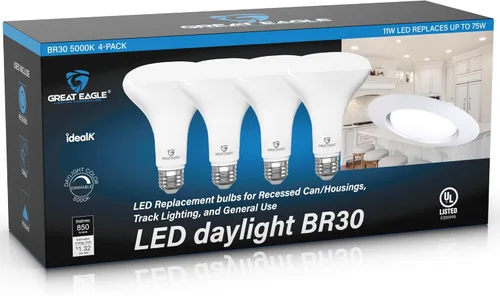 Vista 12 de Great Eagle Lighting Corporation Bombilla LED BR30, 11 W (equivalente a 75 W), 850 lúmenes, 2700 K (blanco cálido), para uso empotrado, regulable