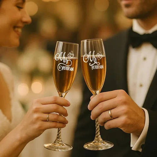 Vista 3 de Mr and Mrs Copas de champán personalizadas, copas de tostadas de boda, copas de vino grabadas con texto en inglés "His Her Her", vasos para parejas