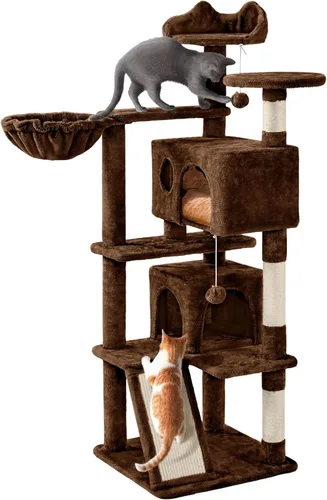 Vista 15 de YAHEETECH - Torre para gatos de 55 pulgadas, con varios niveles y una rampa completa cubierta de cuerda de sisal para ayudar a la relajación u