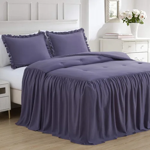 Vista 13 de Chezmoi Collection Sinclair - Juego de colcha de 3 piezas con falda con volantes, estilo campestre francés chic, tamaño King, color rubor