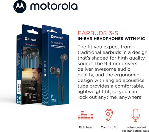 Vista 3 de Motorola Earbuds 3-S - Auriculares con cable con micrófono, auriculares intrauditivos con cable, cómodos auriculares de silicona ligeros, cable Negro