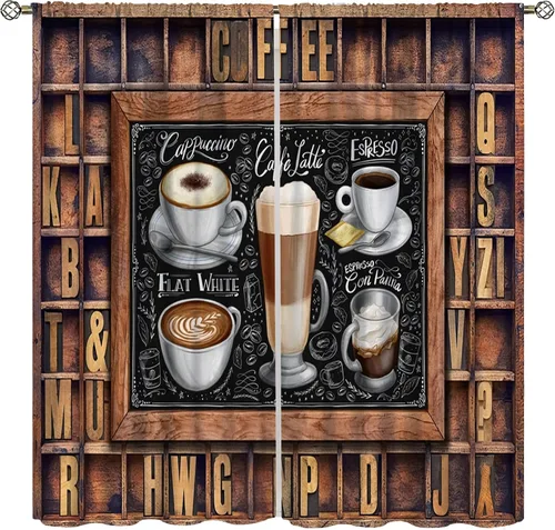 Vista 8 de Cortinas de cocina con temática de café, juegos de 2 paneles, 42 x 45 pulgadas, patrón de fiesta de té para decoración de café Estilo-5