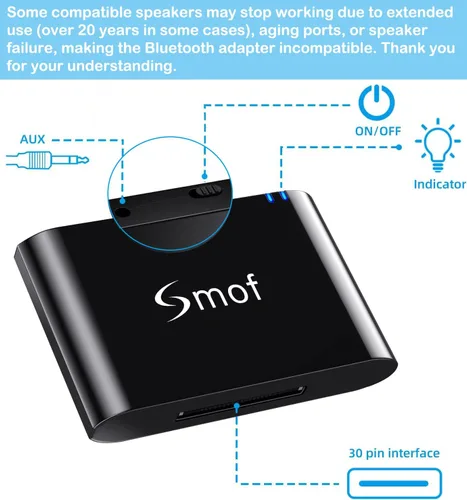 Vista 4 de Smof Soul 2 - Receptor de música con adaptador Bluetooth de 30 pines para base de sonido Bose y estación de acoplamiento de 30 pines