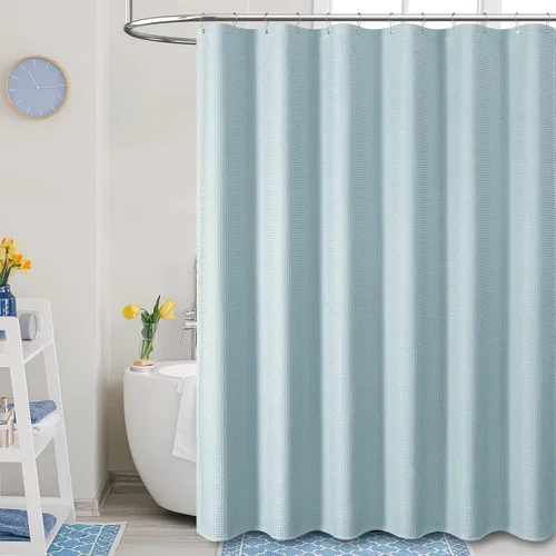 Vista 66 de Cortina de ducha de tela Dynamene verde oscuro - Cortinas de baño de tela de nido de abeja texturizadas resistentes, juego de cortinas de baño