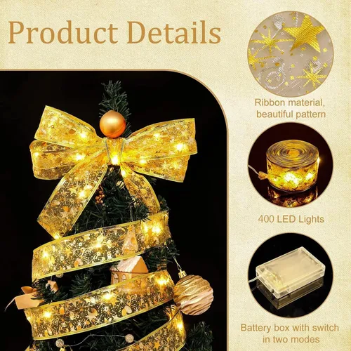 Vista 10 de Luces de Cinta de Hadas de Navidad para Decoraciones de Árbol, 2.5 pulgadas x 16.4 pies, 50 LEDs, Cadena de Luces Cálidas para Interiores, Operadas