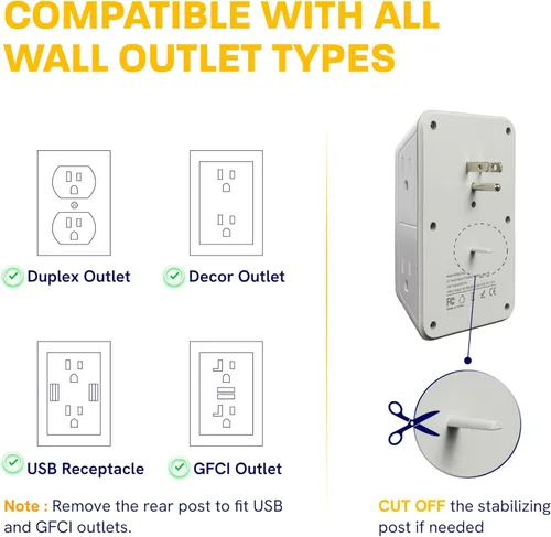 Vista 9 de Multi Plug Wall Outlet Extender - 6 Outlet Splitter & 4 USB Ports with 20W PD USB-C Fast Charging, Smart Night Light, 3-Sided 1050J Surge Protector