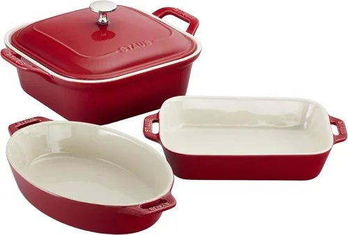 Vista 13 de STAUB Juego de 4 sartenes de cerámica para hornear, cacerola con tapa, sartén para brownies, color blanco
