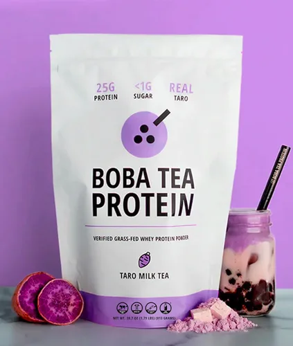 Vista 2 de Taro Milk Tea 25g Proteína aislada de suero alimentado con pasto en polvo Bebida de proteína de té de burbujas sin gluten y sin soja