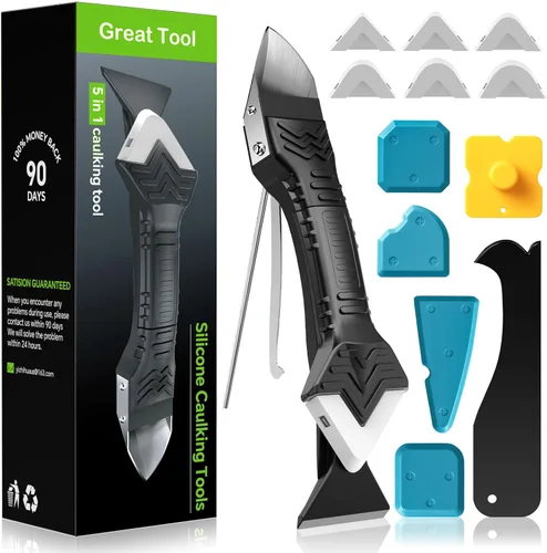 Vista 8 de Herramienta de calafateo 5 en 1 de silicona, herramienta de acabado de sellador para lechada con raspador, 6 almohadillas de silicona