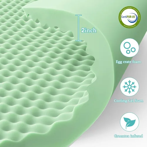 Vista 2 de Lazyzizi Cubrecolchón de Espuma Viscoelástica Tamaño Individual, 4 pulgadas de Doble Capa Refrescante 2'' Espuma Viscoelástica de Gel de Té Verde