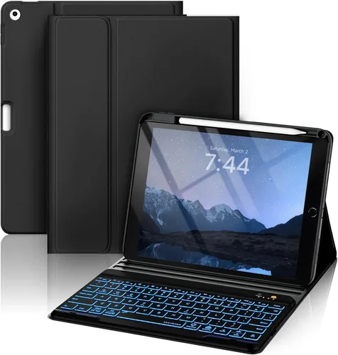 Vista 14 de OYEEICE Funda de teclado para iPad 6ª/5ª generación de 9.7 pulgadas, teclado inalámbrico desmontable retroiluminado de 7 colores, cubierta magnética