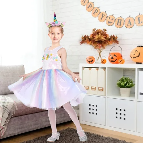 Vista 6 de Disfraz de princesa de Halloween para niñas pequeñas, disfraz con diadema y alas de arco iris para fiesta de cumpleaños