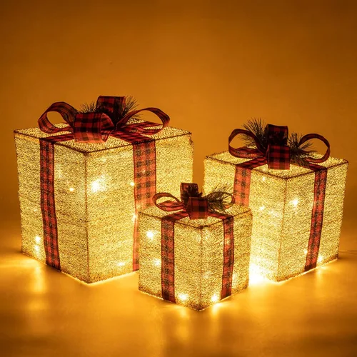 Vista 5 de Sunnyglade Juego de 3 cajas de regalo iluminadas de Navidad de 10 a 8 a 6 pulgadas, cajas de decoración con enchufe, lazos, hojas de pino